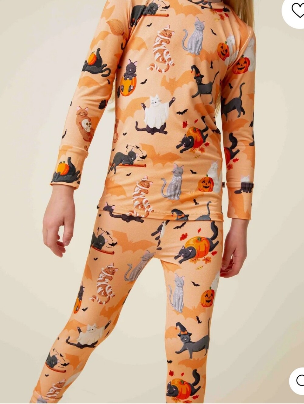 Bums & Roses Kids Halloween Cat Print Pajama Set - Orange